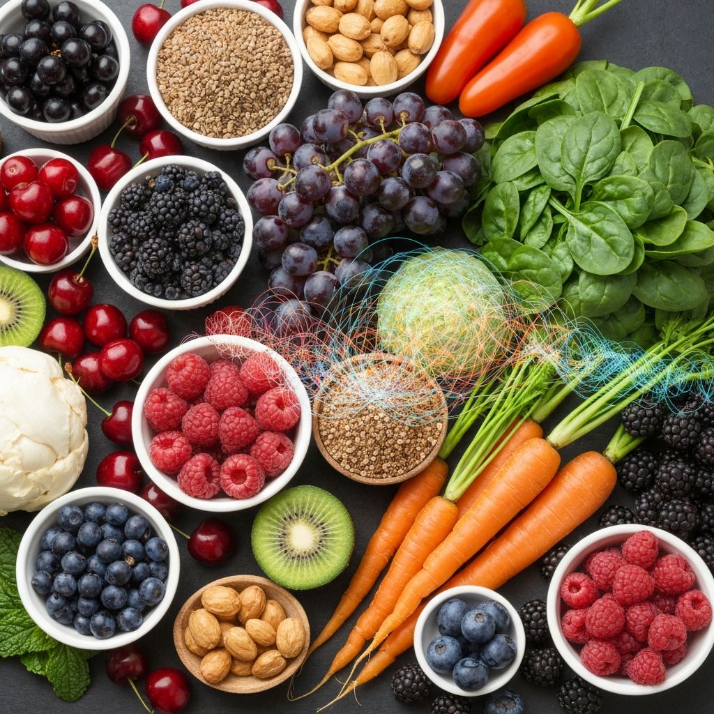Colorful antioxidant-rich foods including berries and vegetables